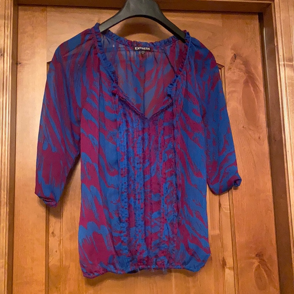 Express Tie Neck Blouse Small Mesh Striped Splatter Pattern Size Small